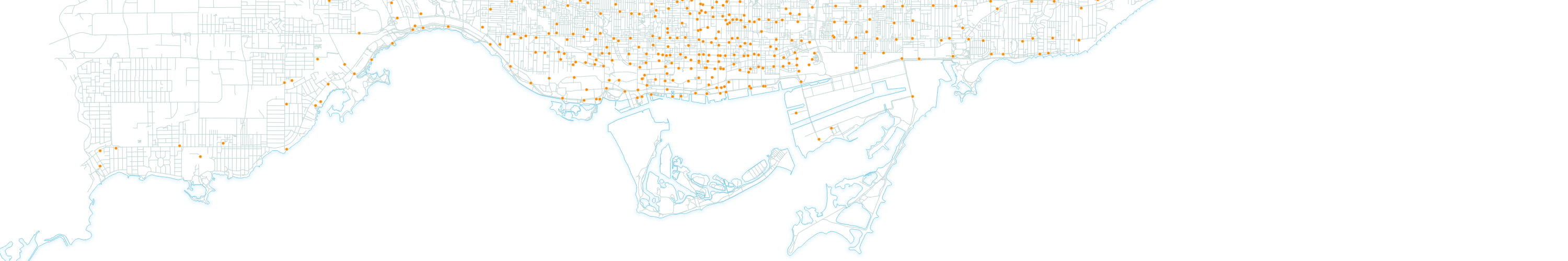 map of bike lanes and bike-share stations in toronto with a white background