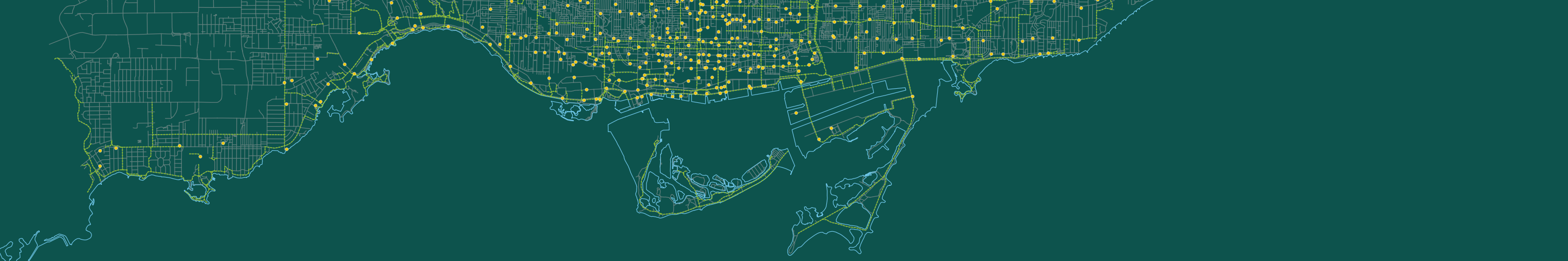 map of bike lanes and bike-share stations in toronto with a green background