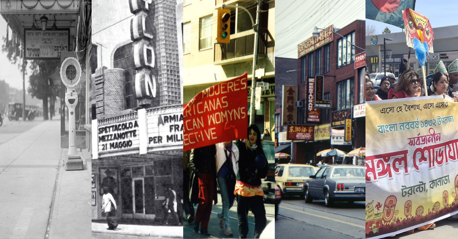 Collage of 5 historical photos in Toronto showing different languages on signs and banners