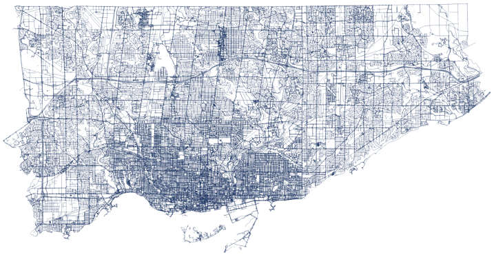 Mapa de todos los corredores de transporte en Toronto.